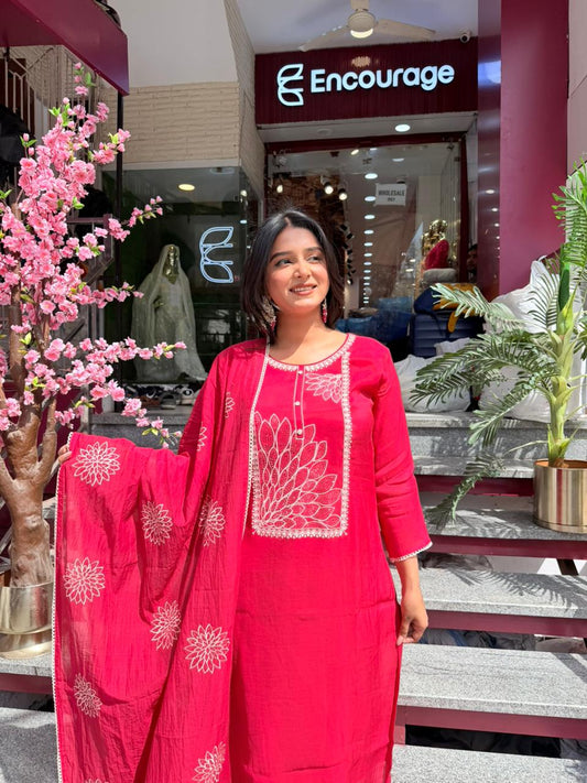 Women Rani Pink Embroidered Kurta Set with Dupatta | Festive Ethnic Wear