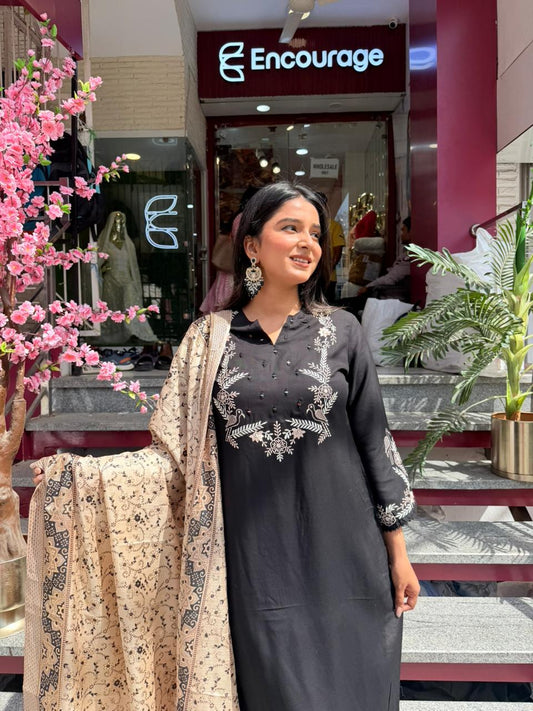 Women Black Embroidered Kurta Set with Printed Dupatta | Elegant Ethnic Wear
