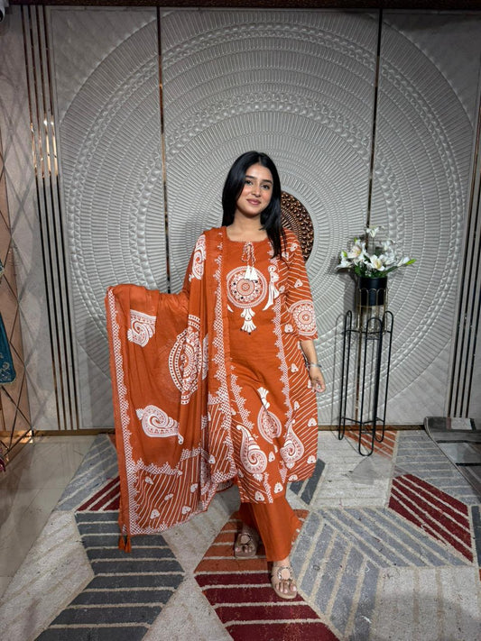 Women Rust Orange Printed Kurta Set with Dupatta | Ethnic Casual Wear