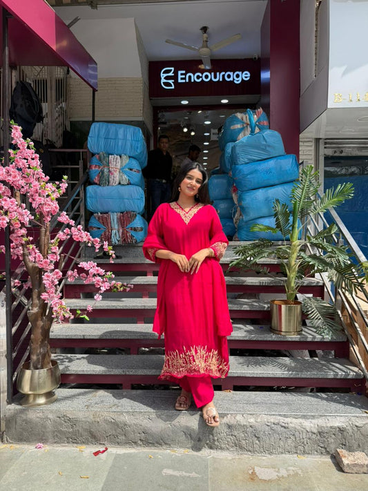 Women Rani Pink Embroidered Kurta Set with Dupatta | Festive Party Wear