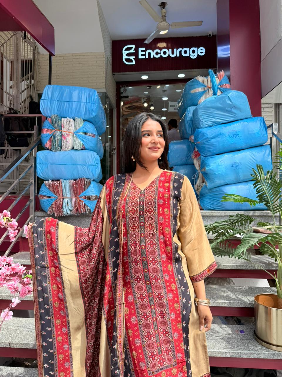 Beige & Maroon Ethnic Printed Straight Kurta Set with Dupatta for Women