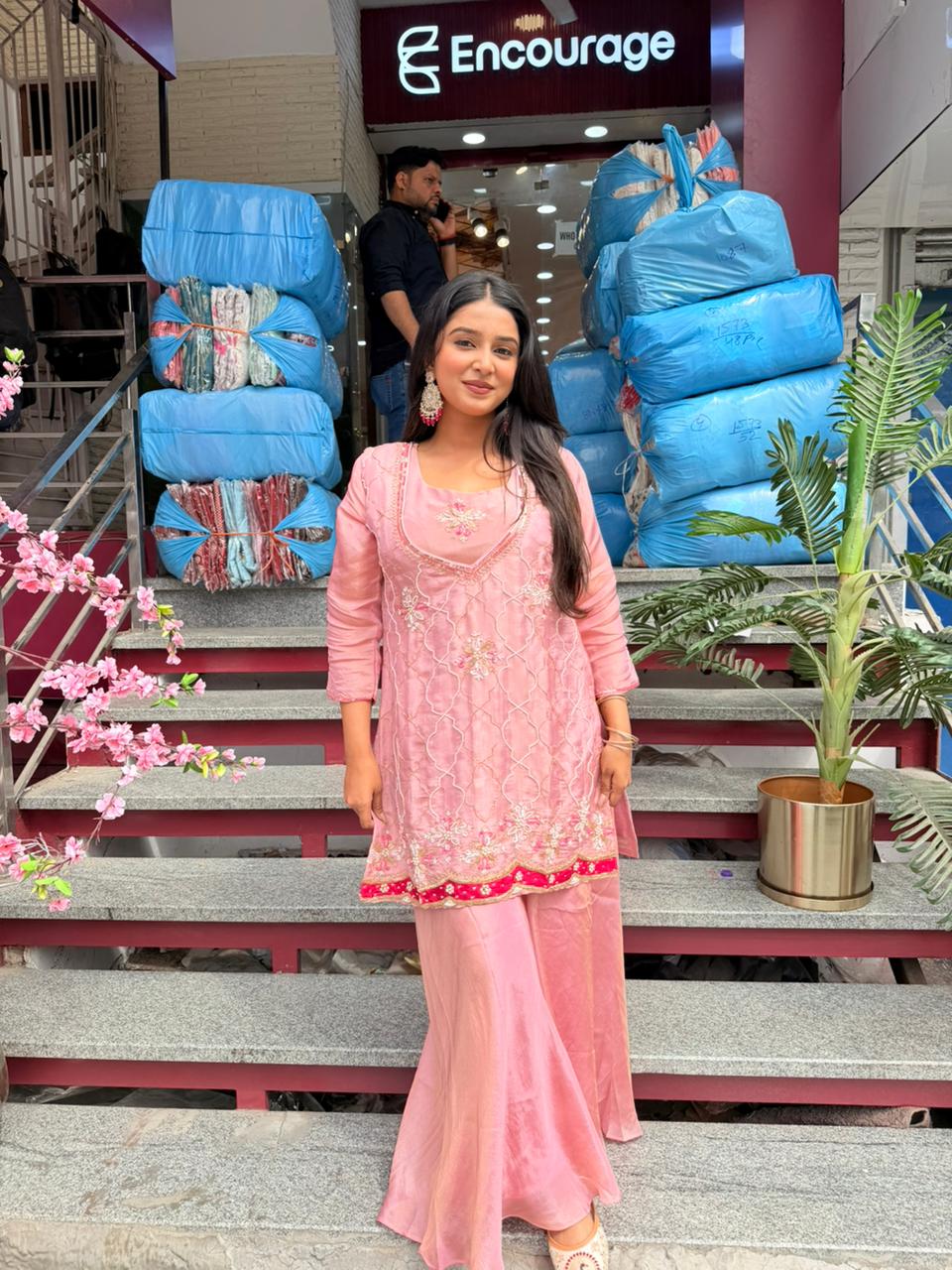 Elegant Pink Embroidered Kurta Set with Sharara for Women