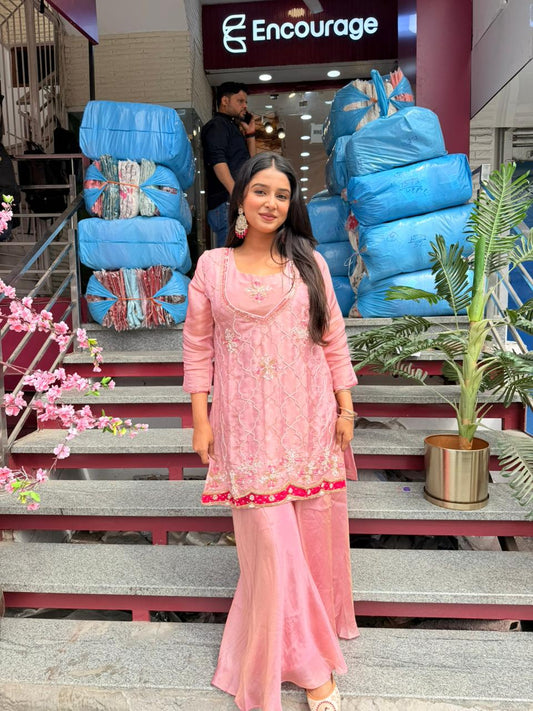 Elegant Pink Embroidered Kurta Set with Sharara for Women