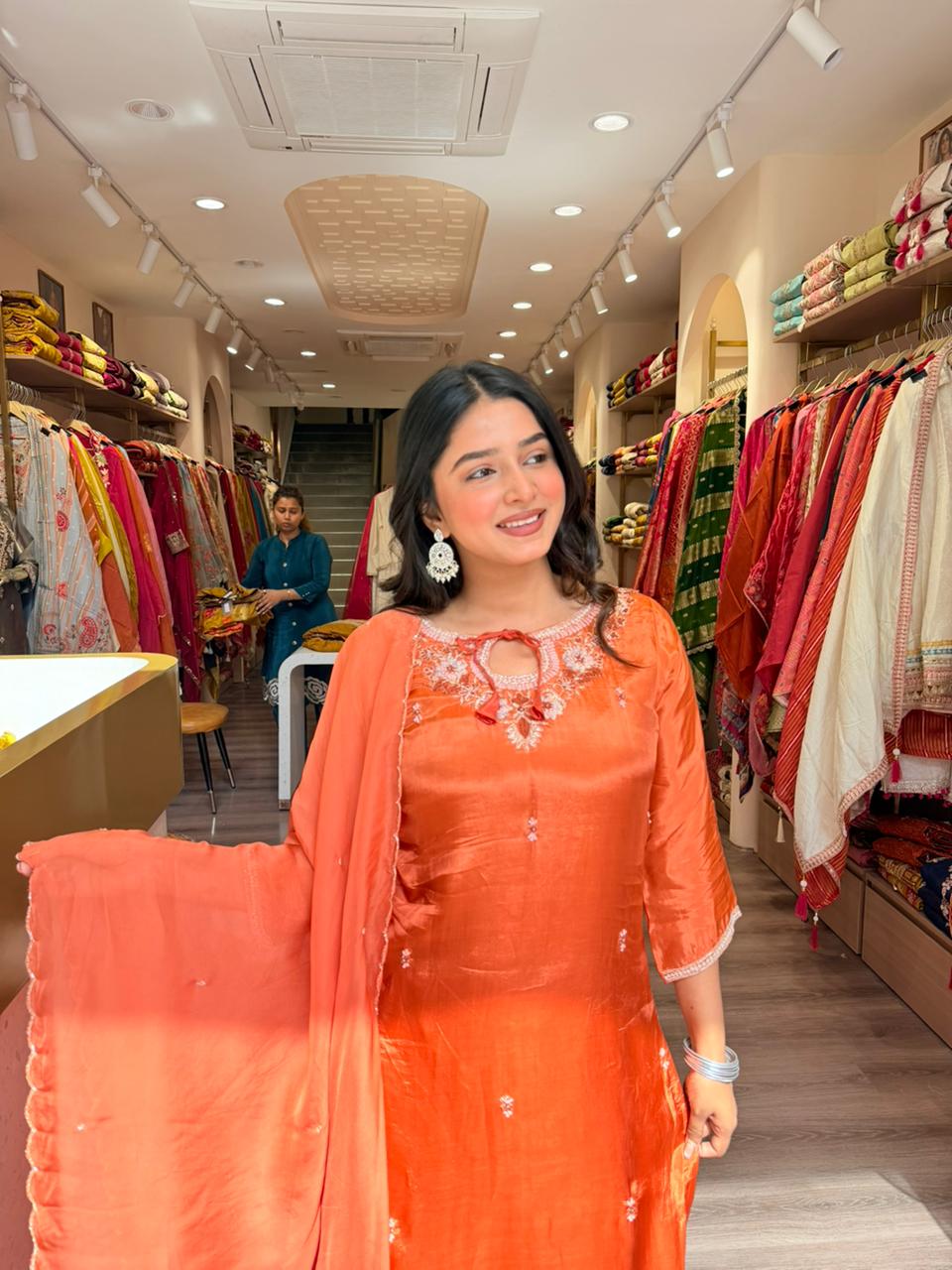 Peach Orange Silk Suit with Embroidered Neck & Chiffon Dupatta – 3 Piece Premium Set