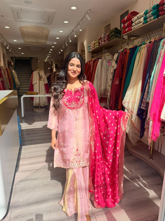 Blush Pink Embroidered Suit with Red Banarsi Dupatta – 3 Piece Festive Wedding Set