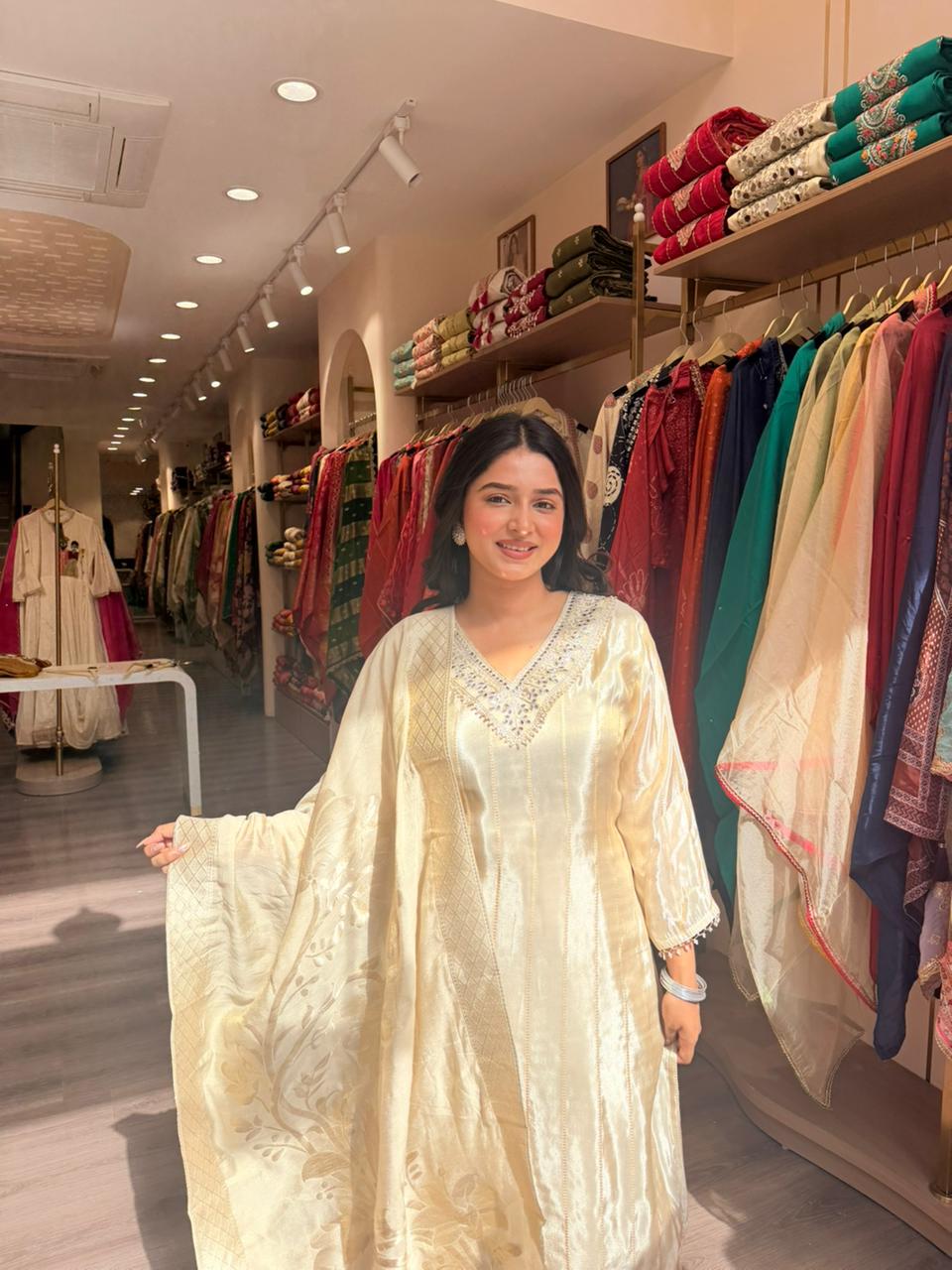 Champagne Gold Silk Suit with Embroidered Neck & Luxury Dupatta – 3 Piece Festive Set