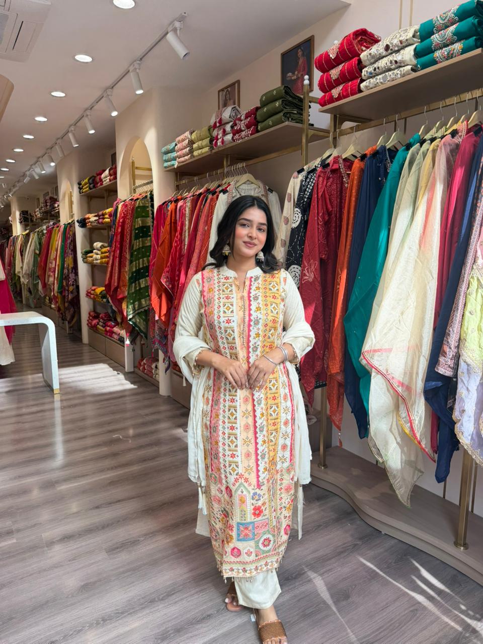 Off White Embroidered Kurta Set for Women | Multicolor Ethnic Cotton Suit