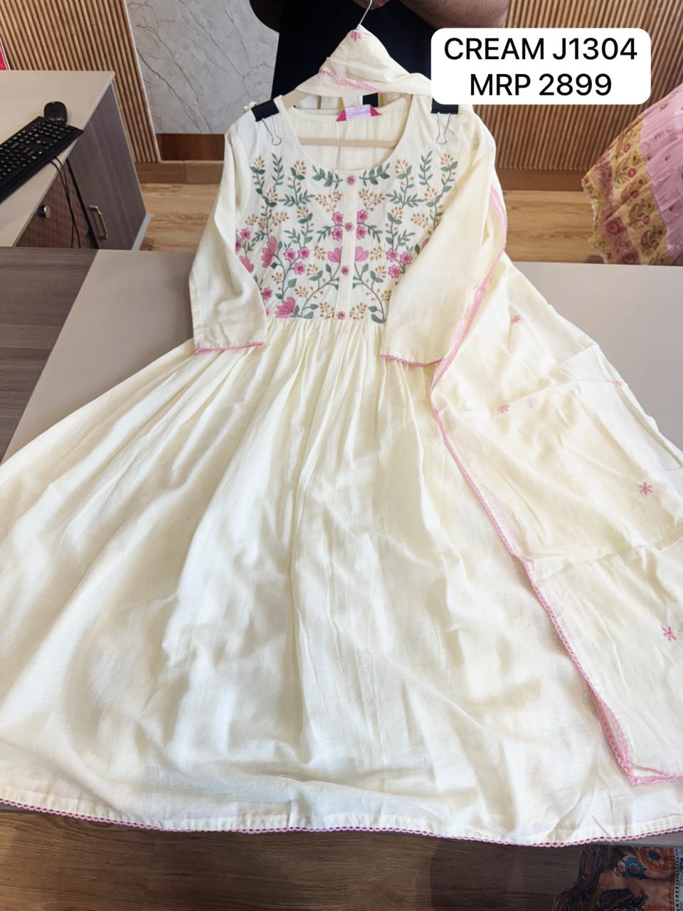 Cream Floral Embroidered Anarkali Kurta Set for Women with Dupatta | Elegant Ethnic Wear