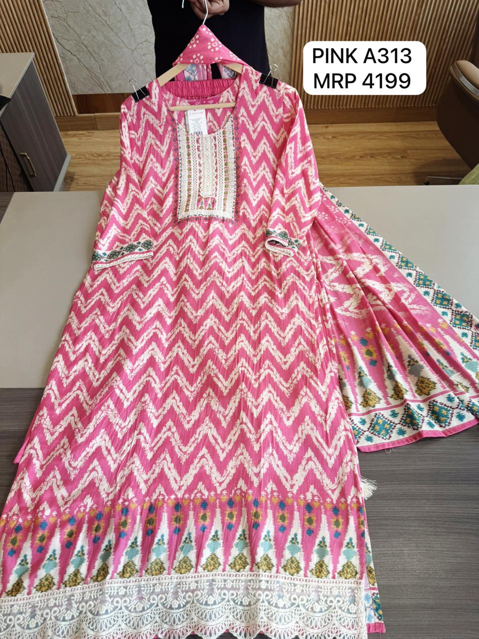 Pink Printed A-Line Kurti with Embroidered Yoke & Matching Dupatta – Ethnic Wear for Women
