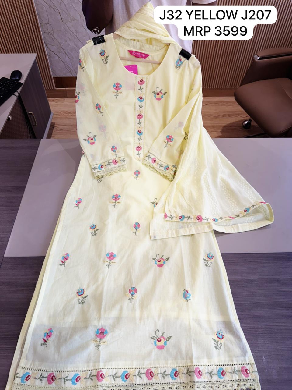 Yellow Floral A-Line Kurti with Embroidered Placket & Dupatta – Women's Ethnic Wear