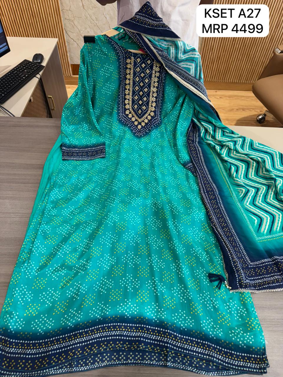 Teal Green Printed Kurta Set with Embroidered Neck & Dupatta for Women | Ethnic Wear