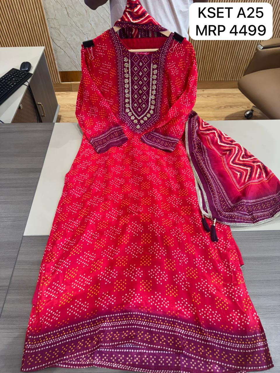 Red Printed Kurta Set with Embroidered Neck & Dupatta for Women | Festive Ethnic Wear