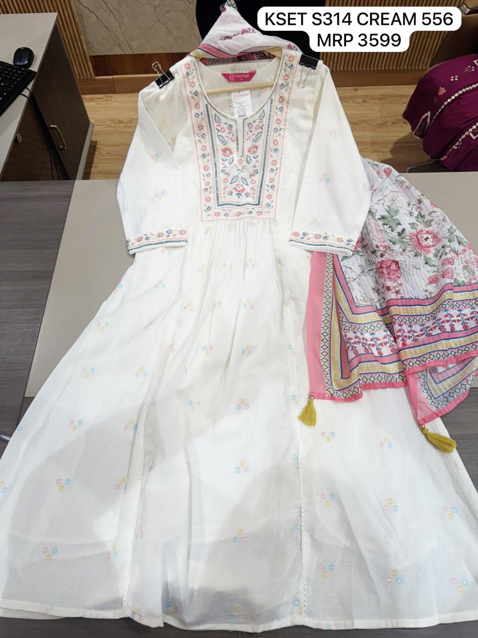 Cream Embroidered Anarkali Kurta Set with Printed Dupatta for Women | Elegant Festive Wear