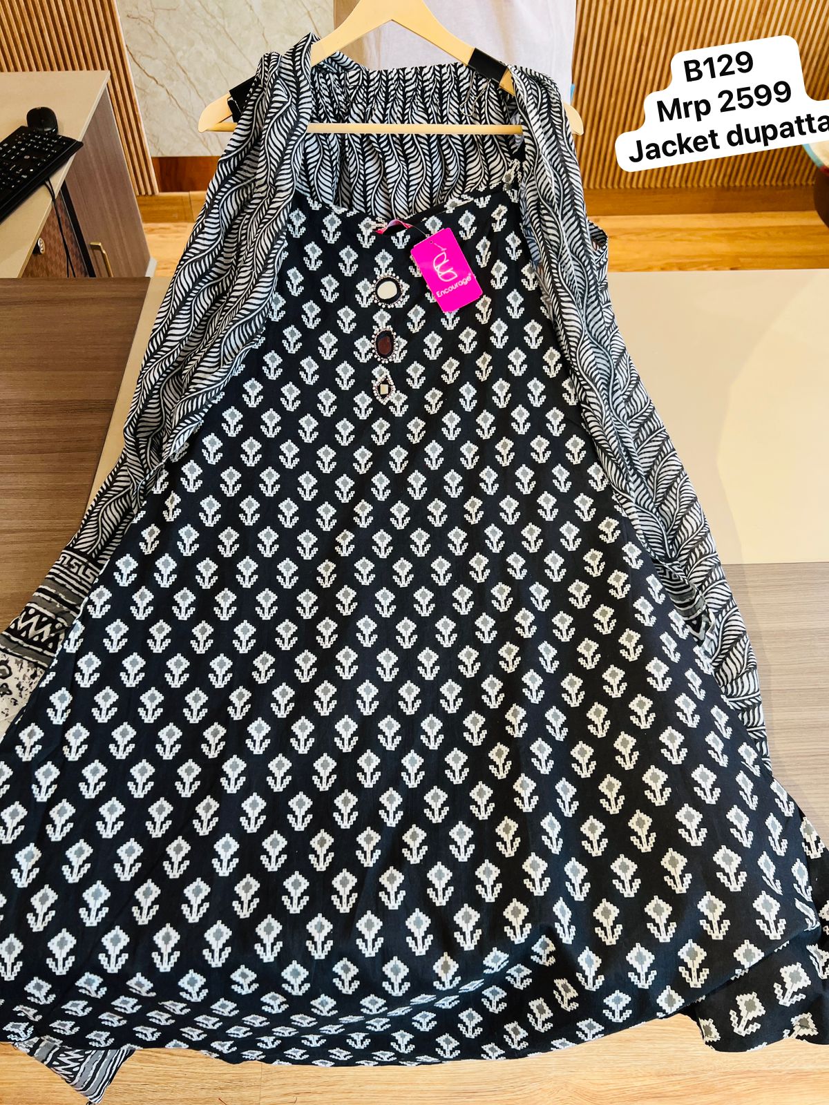 Women Black & White Printed Layered Dress with Jacket Dupatta | Boho Ethnic Wear