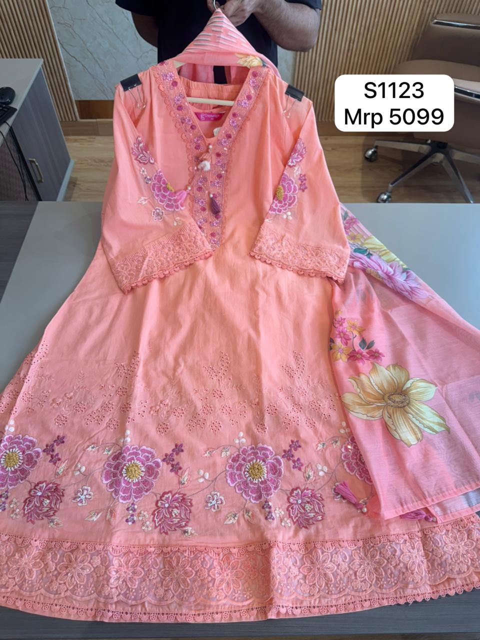 Women Peach Floral Embroidered A-Line Kurta Set with Dupatta | Elegant Ethnic Wear