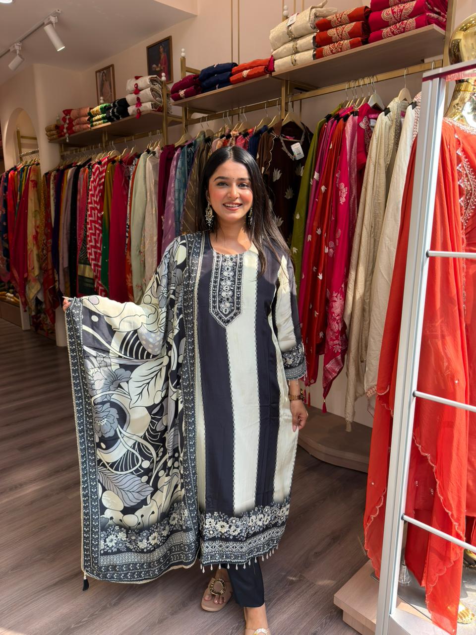 Elegant Black & Off-White Printed Kurta Set with Designer Dupatta for Women