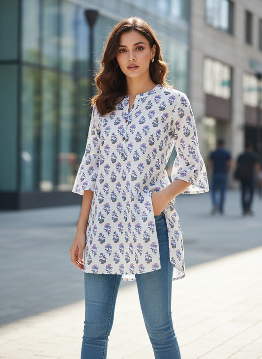 White short cotton kurti with pink & blue floral buti print