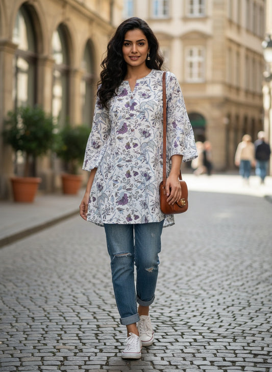 White short kurti with 3/4th sleeves and floral design