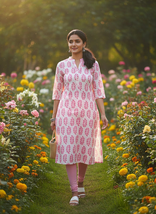 White cotton long kurti with pink block prints front view
