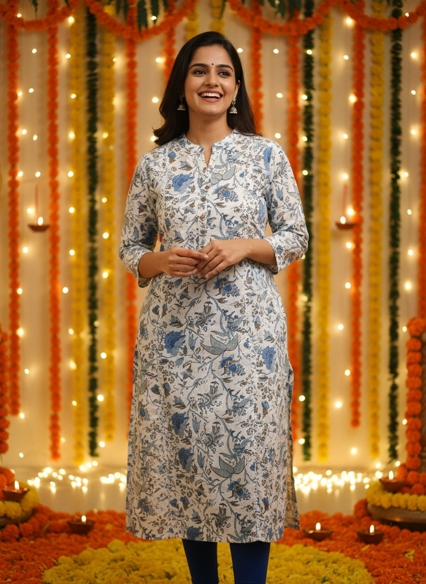 Women’s blue flower printed cotton kurti