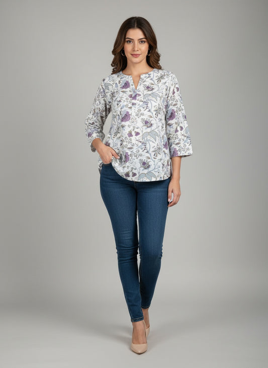Women’s short cotton kurti with purple floral print