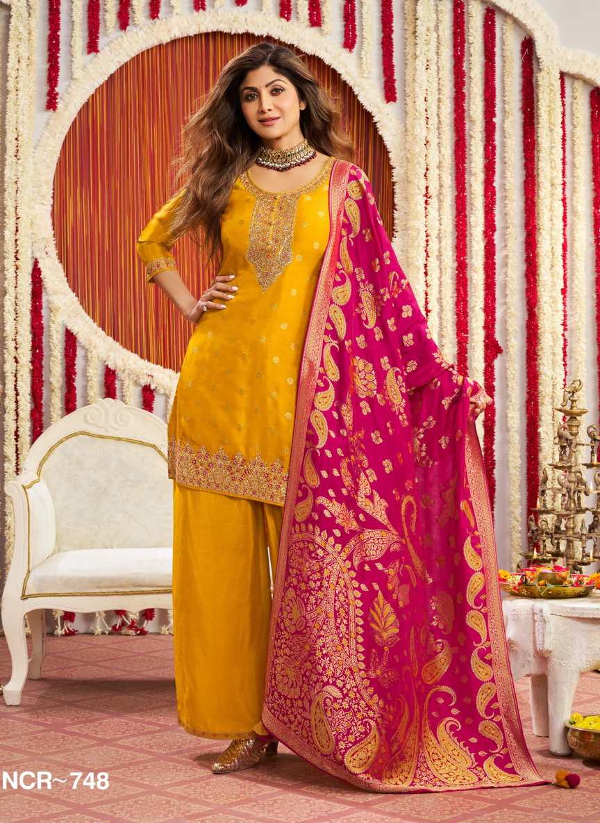 Mustard Yellow Silk Straight Suit with Magenta Woven Dupatta – 3 Piece Festive Set