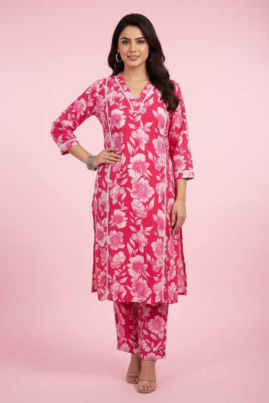 Women’s Pink Floral Cotton Co-ord Set – Kurti & Pant
