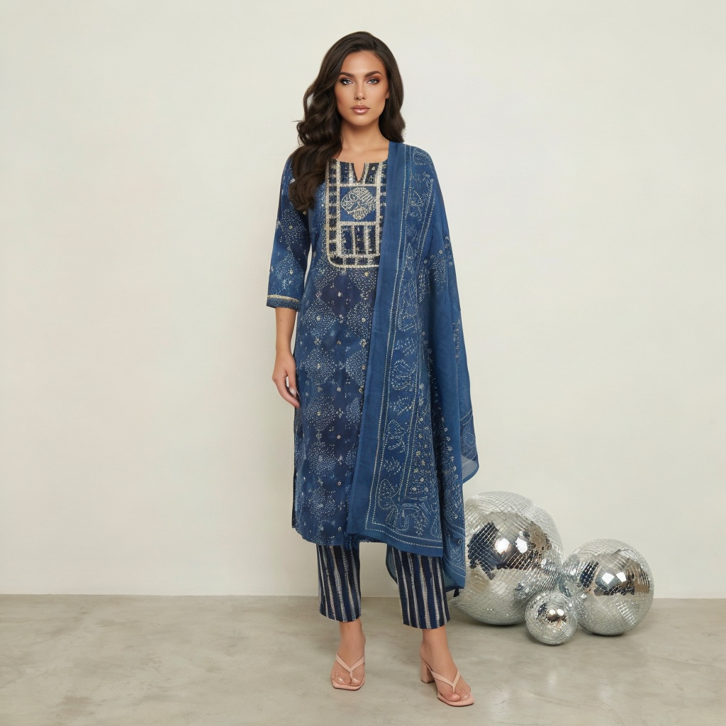 Women Indigo Blue Printed Cotton Kurta Pant Dupatta Set