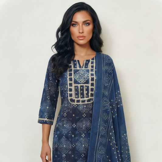 Women Indigo Blue Printed Cotton Kurta Pant Dupatta Set