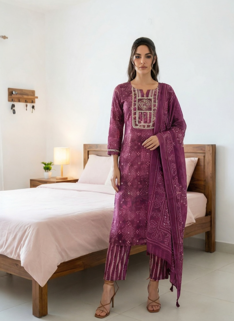 Women Purple Printed Cotton Kurta Pant Dupatta Set