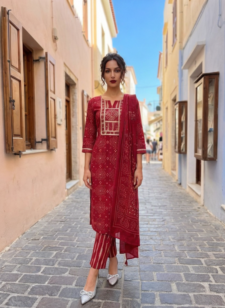 Women Pink Printed Cotton Kurta Pant Dupatta Set