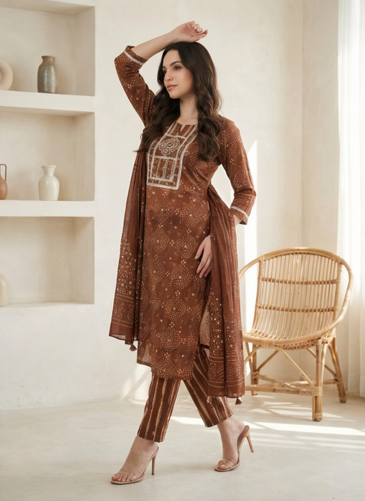 Women Brown Printed Cotton Kurta Pant Dupatta Set | Ethnic Bandhani Design Straight Kurti Set