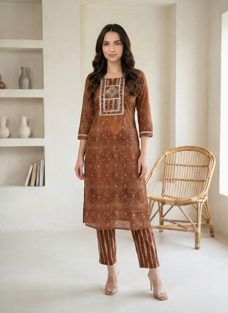 Women Brown Printed Cotton Kurta Pant Dupatta Set | Ethnic Bandhani Design Straight Kurti Set