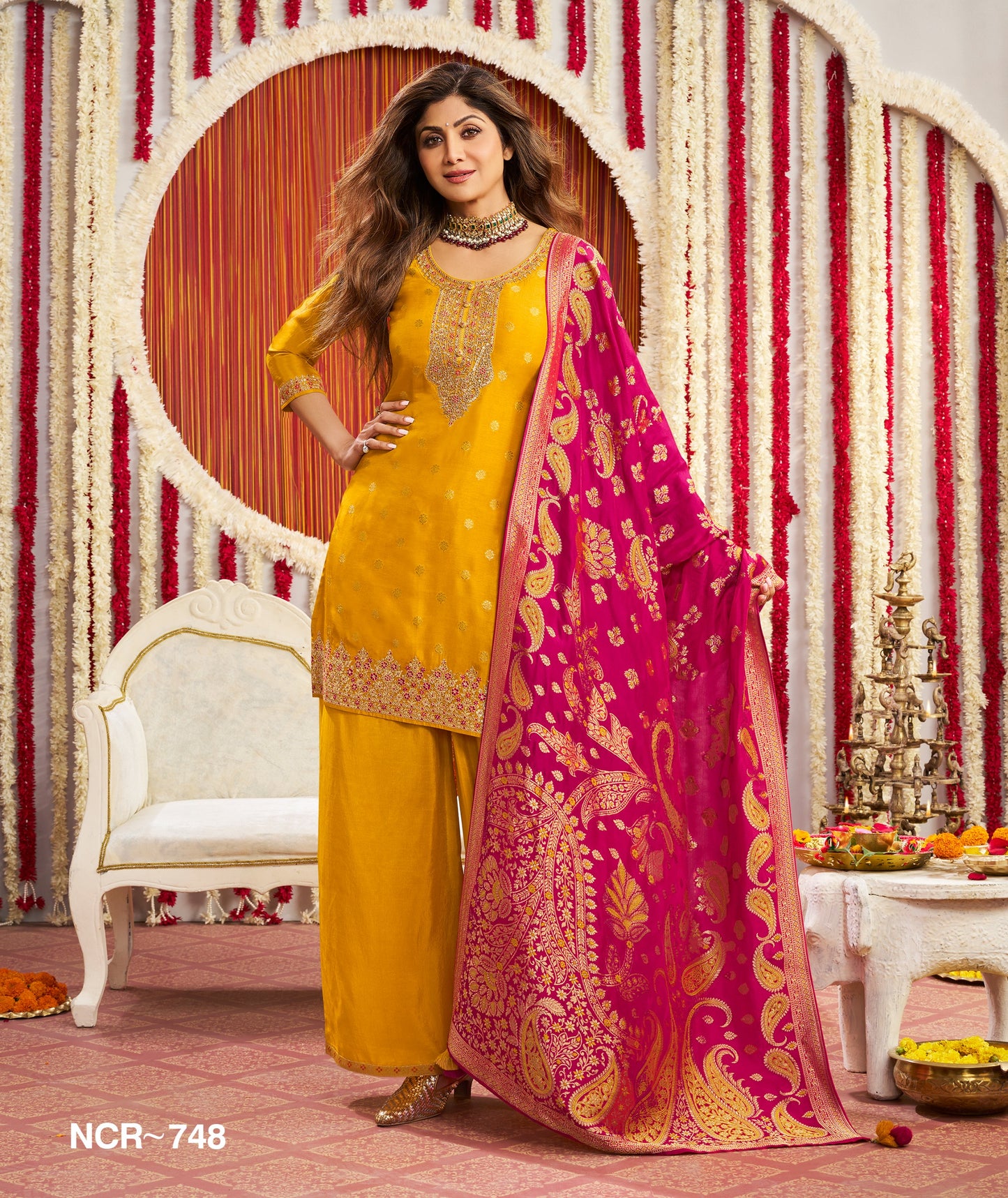 Mustard Yellow Silk Straight Suit with Magenta Woven Dupatta – 3 Piece Festive Set