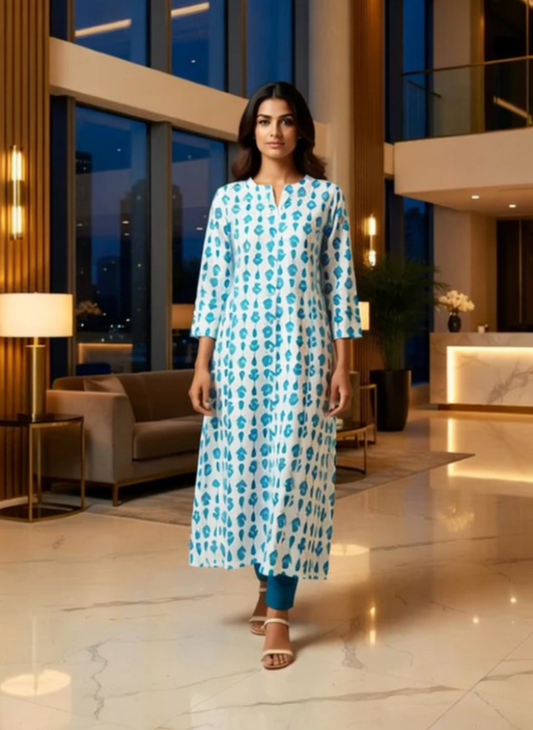 Woman modeling blue and white kurta set in modern, elegant lobby at Encourage Fashion