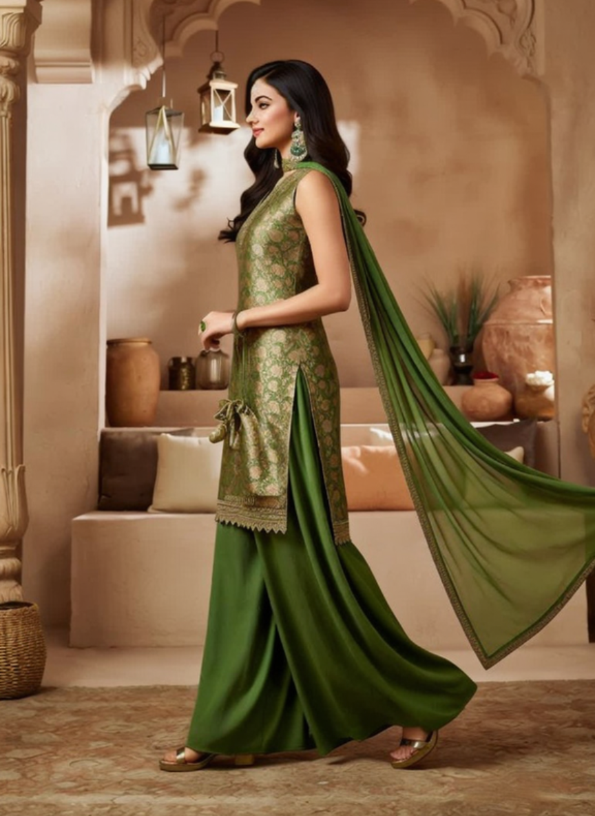 Elegant Olive Green Embroidered Sharara Suit 3 Piece Set for Women