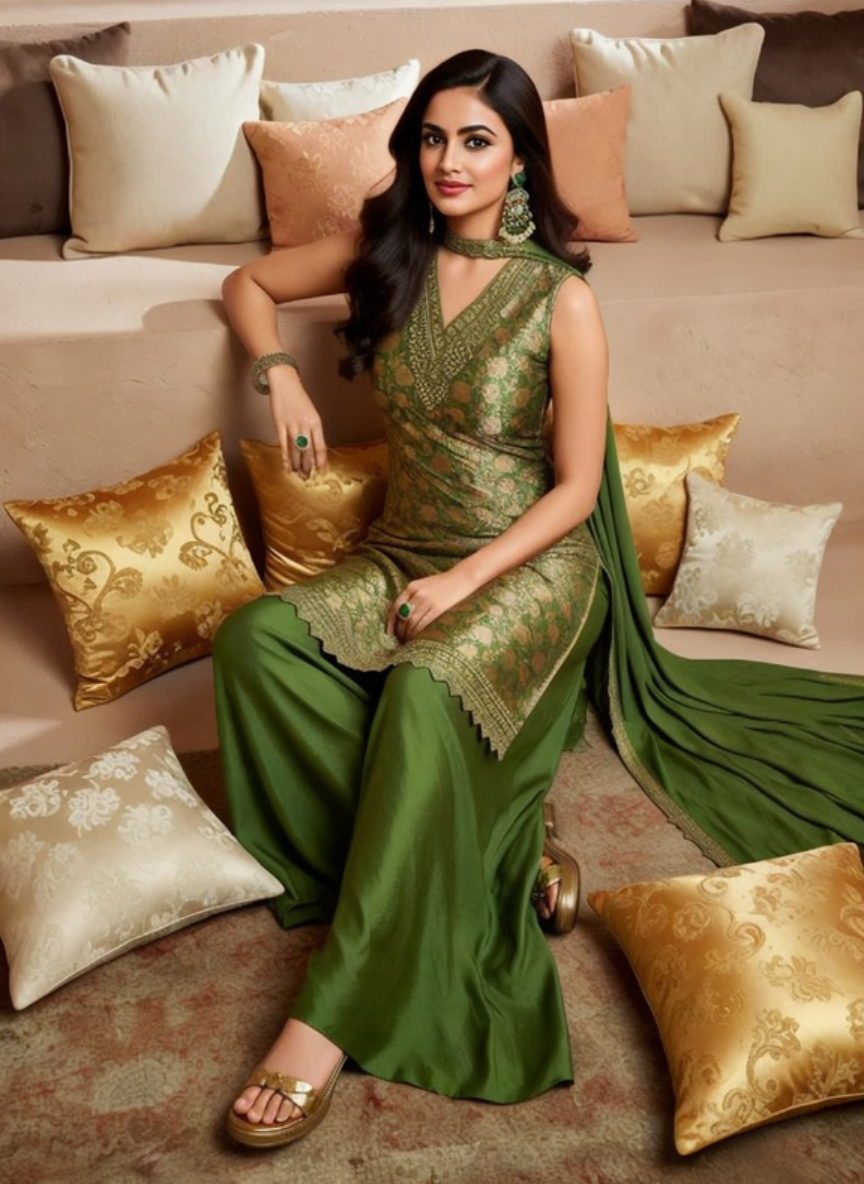Elegant Olive Green Embroidered Sharara Suit 3 Piece Set for Women