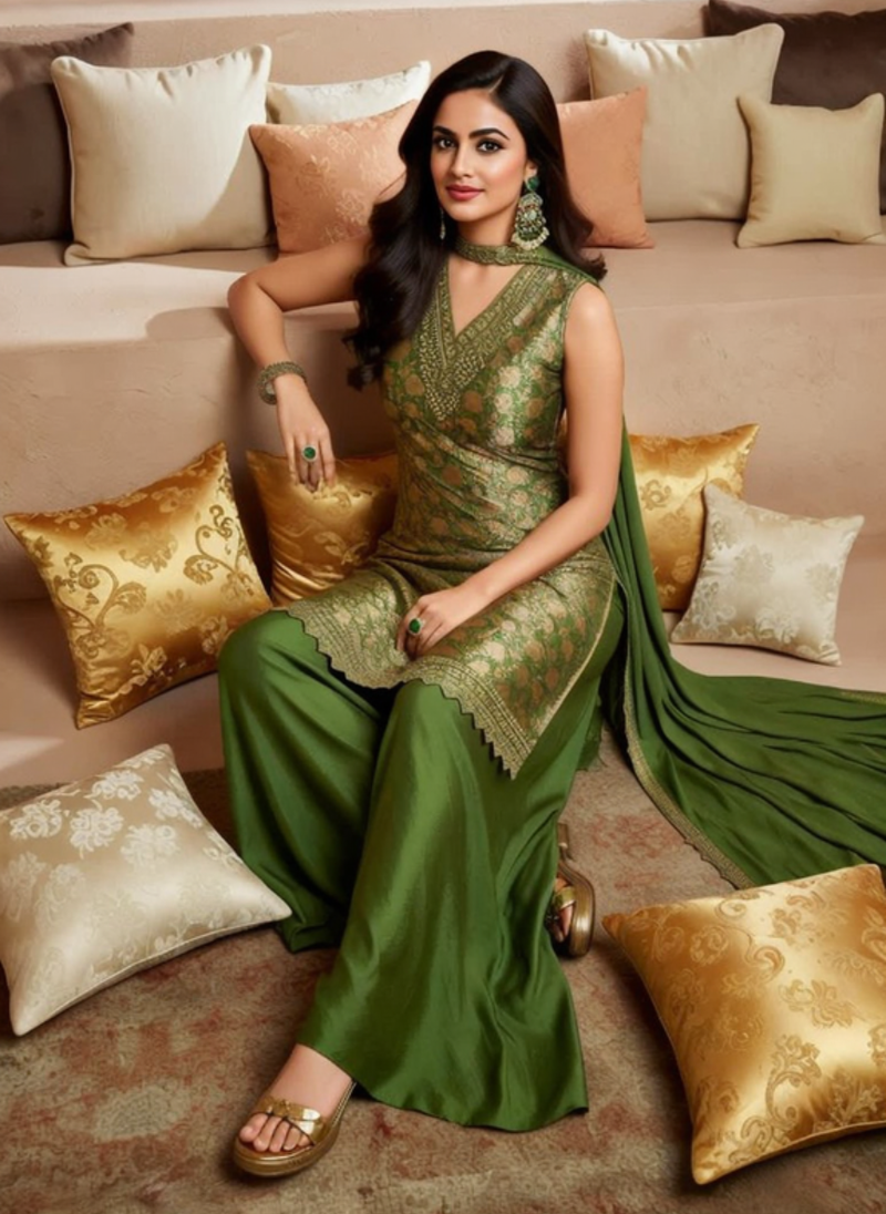 Elegant Olive Green Embroidered Sharara Suit 3 Piece Set for Women