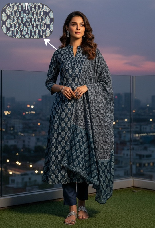 Women's Navy Blue Printed Kurta Set with Dupatta – 3-Piece Ethnic Suit Set