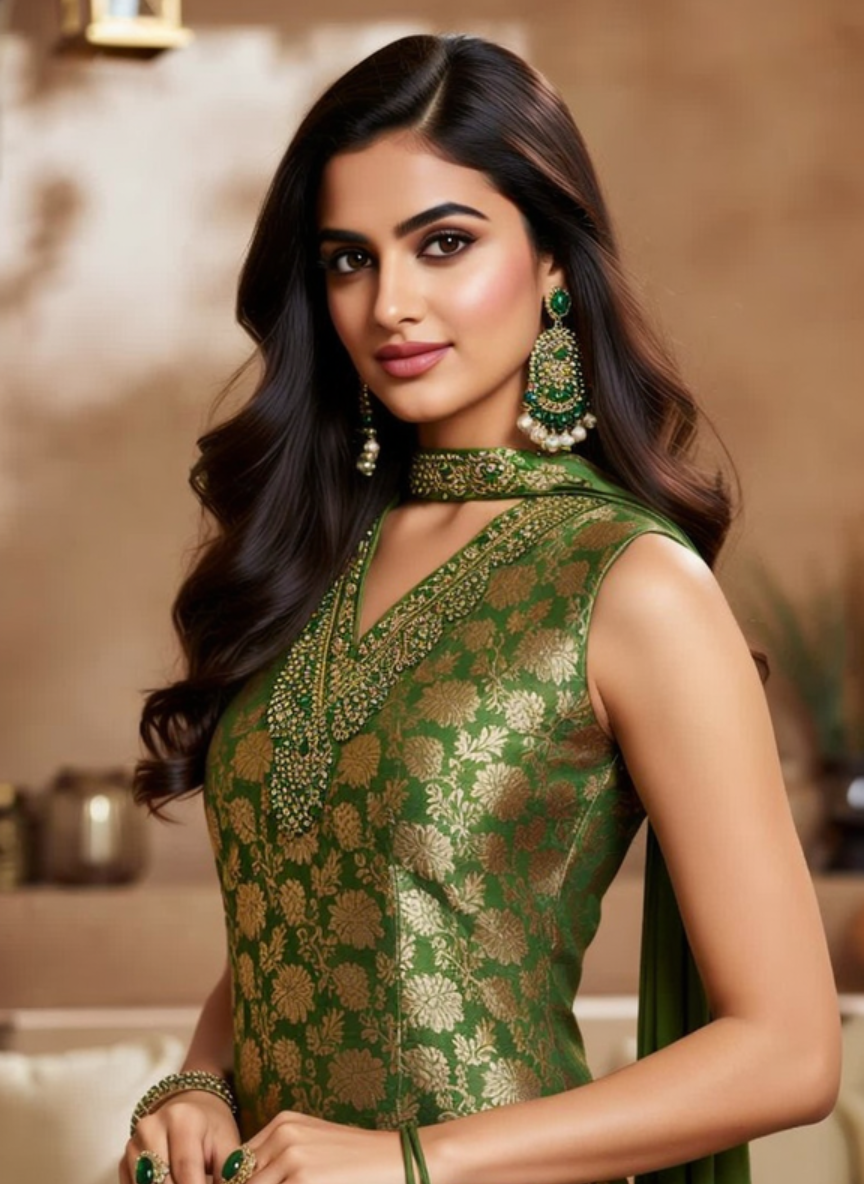 Elegant Olive Green Embroidered Sharara Suit 3 Piece Set for Women