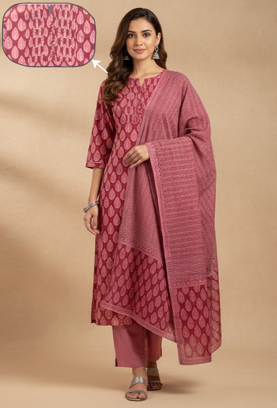 Women's Pink Printed Kurta Set with Dupatta – 3-Piece Ethnic Suit Set