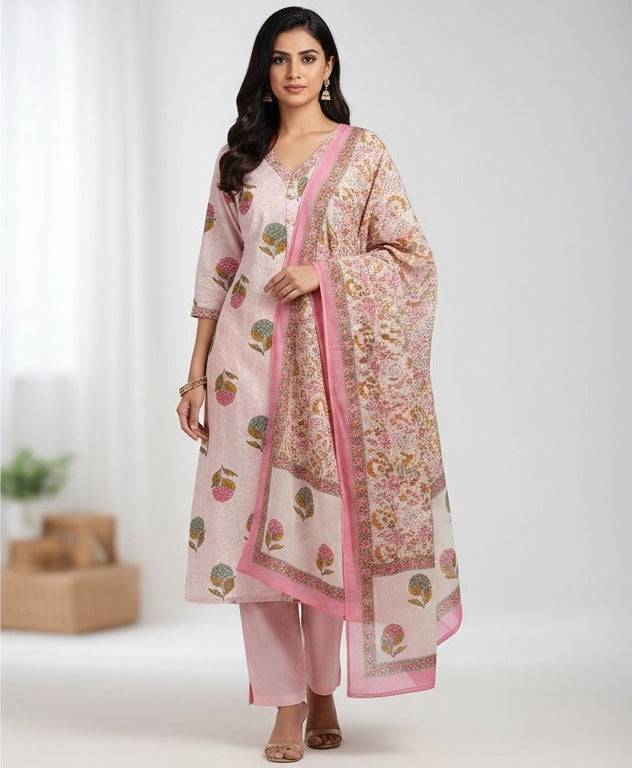Women's Pastel Pink Floral Printed Kurta Set with Dupatta 3 Piece Suit Set
