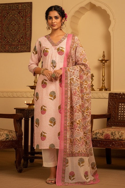 Women's Pastel Pink Floral Printed Kurta Set with Dupatta 3 Piece Suit Set