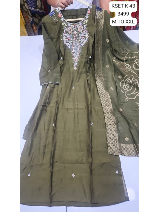 Olive Green Embroidered Women’s Kurta Set with Dupatta – Festive & Semi-Formal Wear