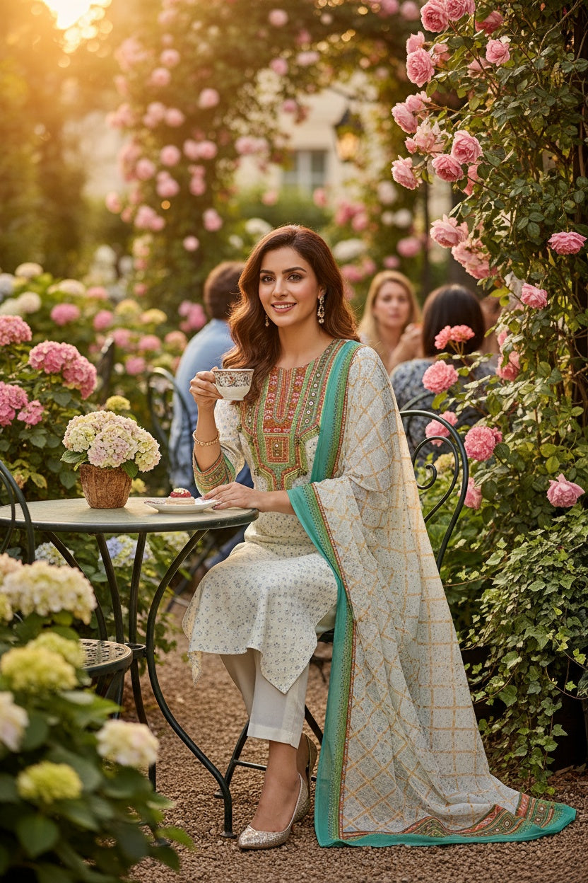 Women Off White Embroidered Kurta Set with Dupatta 3 Piece Suit Set