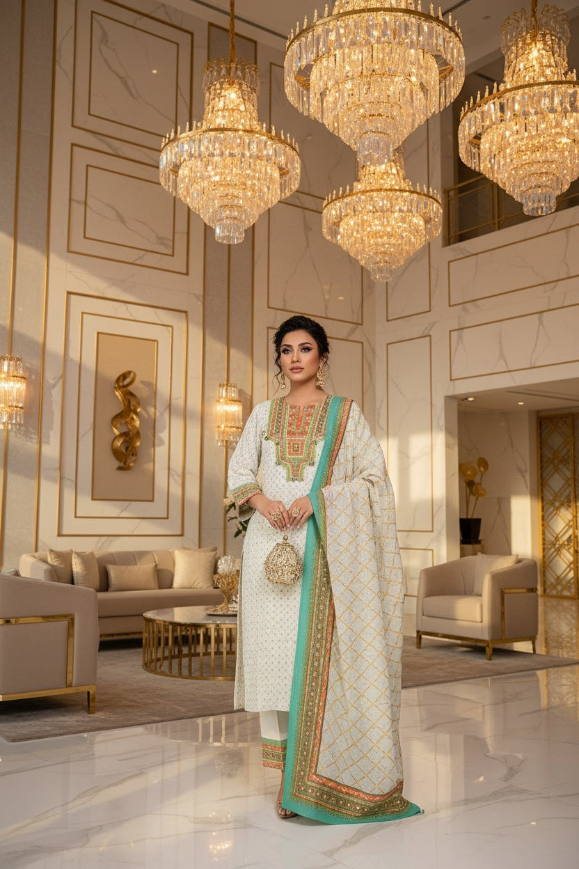 Women Off White Embroidered Kurta Set with Dupatta 3 Piece Suit Set