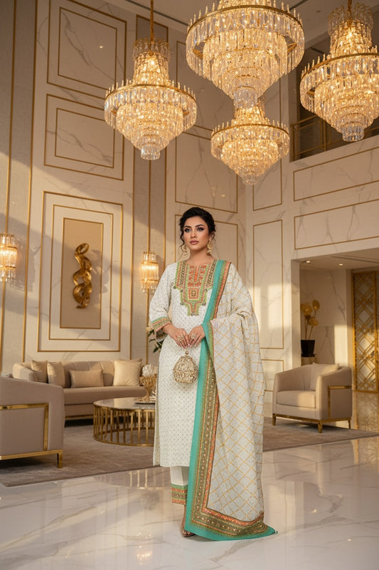 Women Off White Embroidered Kurta Set with Dupatta 3 Piece Suit Set