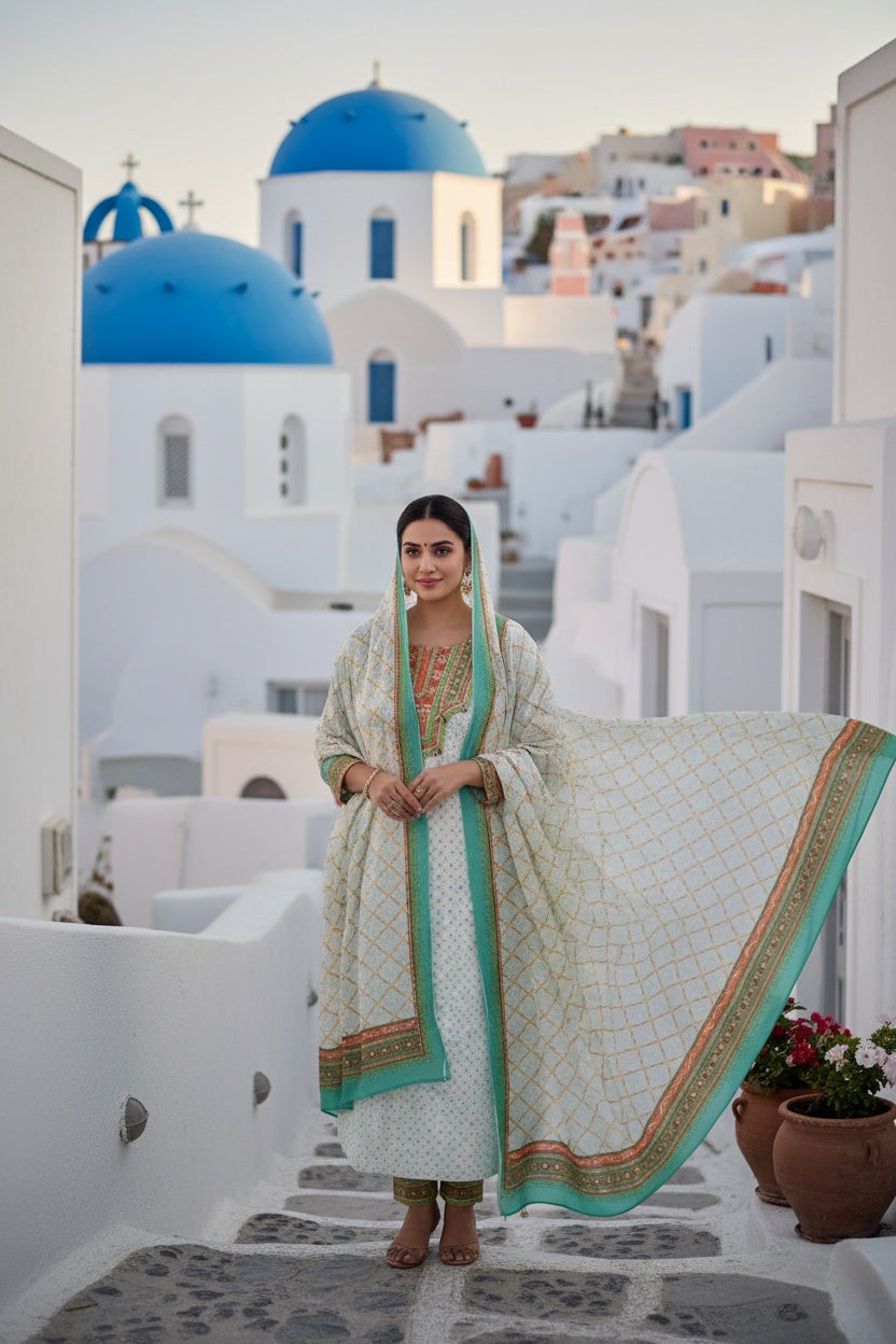 Women Off White Embroidered Kurta Set with Dupatta 3 Piece Suit Set