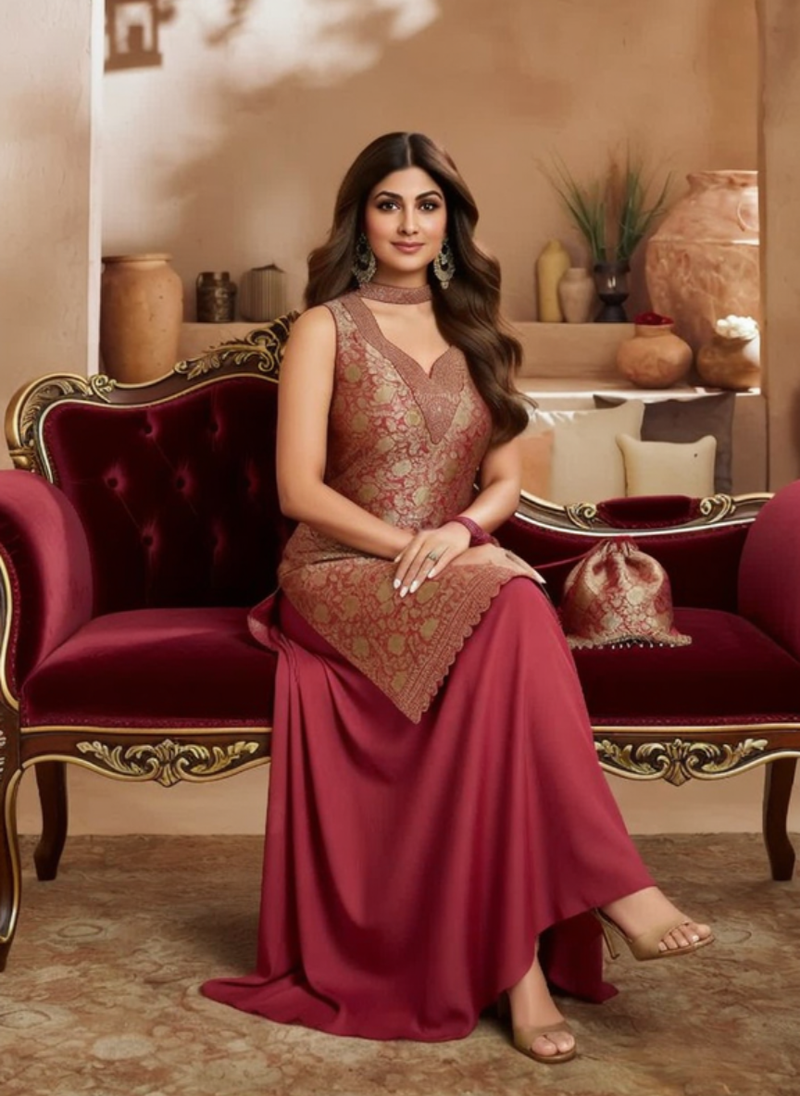 Wine Maroon Embroidered Sharara Suit 3 Piece Set for Women