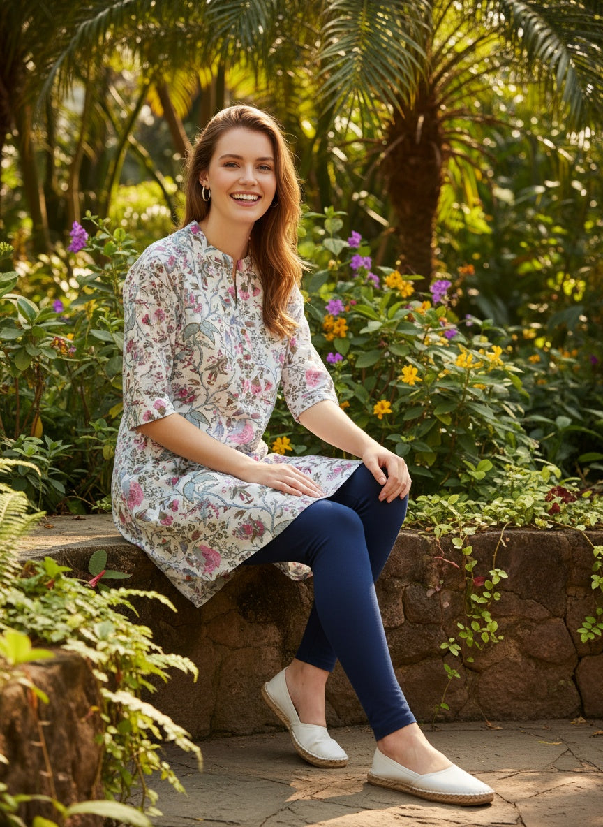 Women’s Short Cotton Kurti Top White with Pink Floral Vine Print